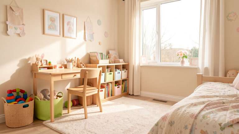 Chambre d’enfant lumineuse avec bureau en bois, rangements ouverts, paniers à jouets, tapis de jeu et décoration aux couleurs pastel.