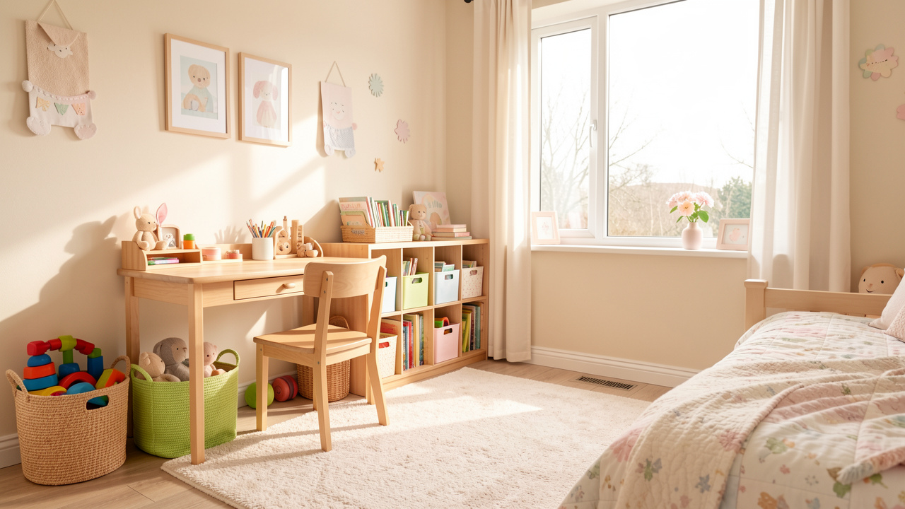 Chambre d’enfant lumineuse avec bureau en bois, rangements ouverts, paniers à jouets, tapis de jeu et décoration aux couleurs pastel.