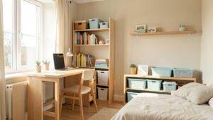 Chambre d’étudiant lumineuse et bien rangée avec un bureau près d’une fenêtre et des rangements fonctionnels.