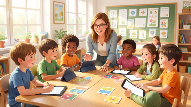 Illustration réaliste d’une enseignante accompagnant un groupe diversifié d’enfants dans une classe primaire lumineuse, avec des supports visuels et des tablettes.
