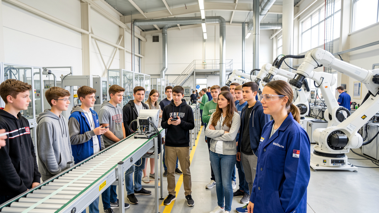 Un groupe de collégiens et lycéens observe une ligne de production automatisée dans une usine moderne, accompagné par une technicienne.