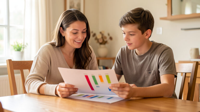 Une mère et son fils adolescent consultent calmement un graphique abstrait de résultats scolaires dans une salle à manger familiale lumineuse et rassurante.