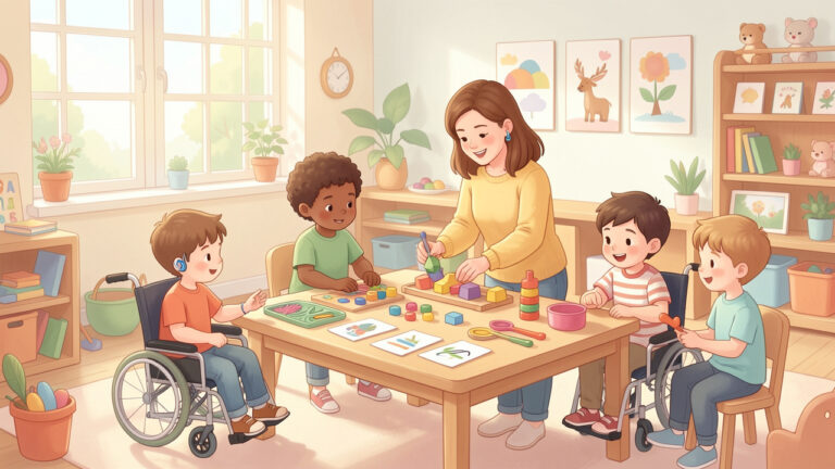 Illustration douce d’une enseignante préparant des activités adaptées dans une classe de maternelle inclusive, entourée de jeunes enfants aux profils variés, avec une lumière naturelle et une ambiance chaleureuse.