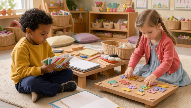 Coin lecture lumineux d’une classe de maternelle avec deux jeunes enfants manipulant des jeux éducatifs et des supports pédagogiques colorés près de livres illustrés.