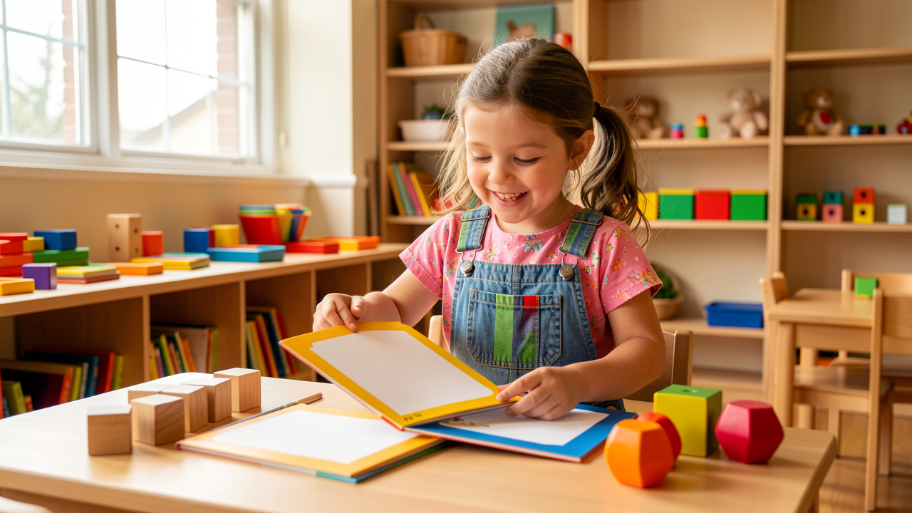 Une jeune fille souriante manipule des livres aux couvertures vierges, des cubes en bois et du matériel éducatif coloré dans une classe lumineuse.