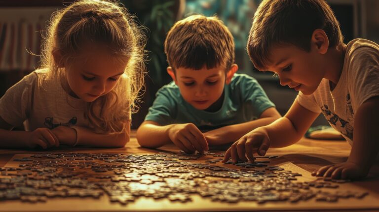 Deux enfants résolvent ensemble un jeu d’énigmes coloré autour d’une table.