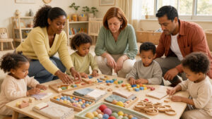 Deux femmes et un homme professionnels de la petite enfance observent des filles et des garçons participant à des ateliers de jeu et de manipulation dans une salle de crèche lumineuse.