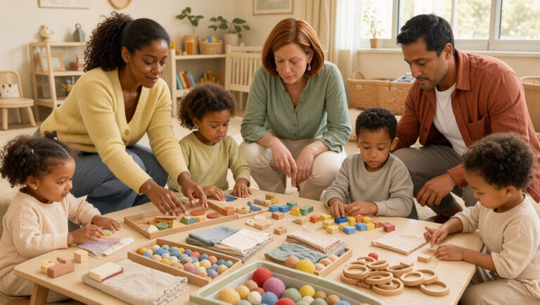 Deux femmes et un homme professionnels de la petite enfance observent des filles et des garçons participant à des ateliers de jeu et de manipulation dans une salle de crèche lumineuse.
